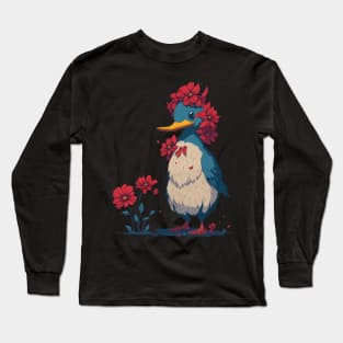 Cute Duck With Red Flowers Long Sleeve T-Shirt